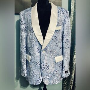 Mens St. Patrick Sz2XL Blue & White Floral Tuxedo Jacket Formalwear STUNNING